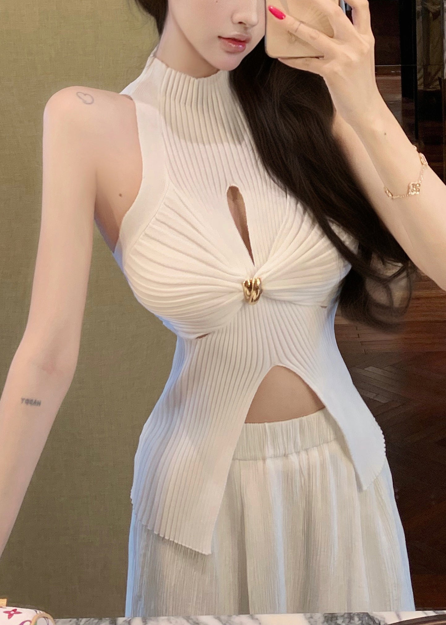 Front Sexy Hollow Open Out Knit Tanks White Summer