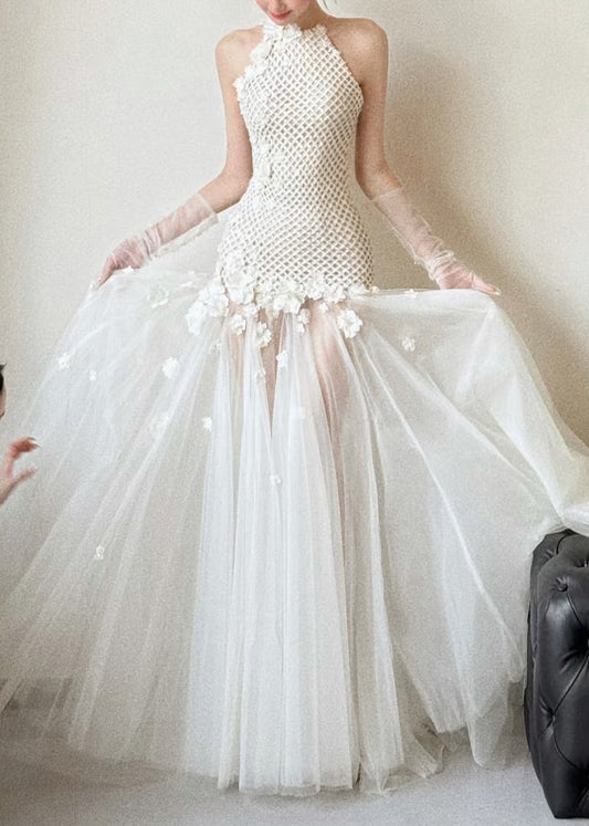 Hollow Sexy White Tulle Out Patchwork Sleeveless Dress Party