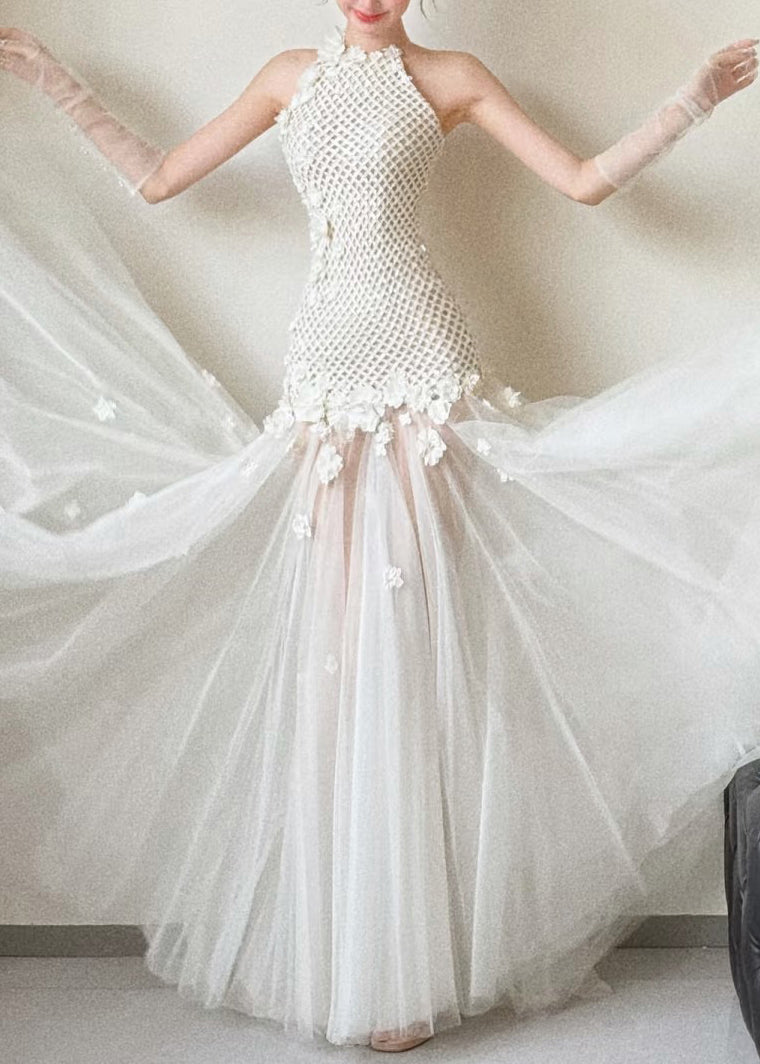 Hollow Sexy White Tulle Out Patchwork Sleeveless Dress Party