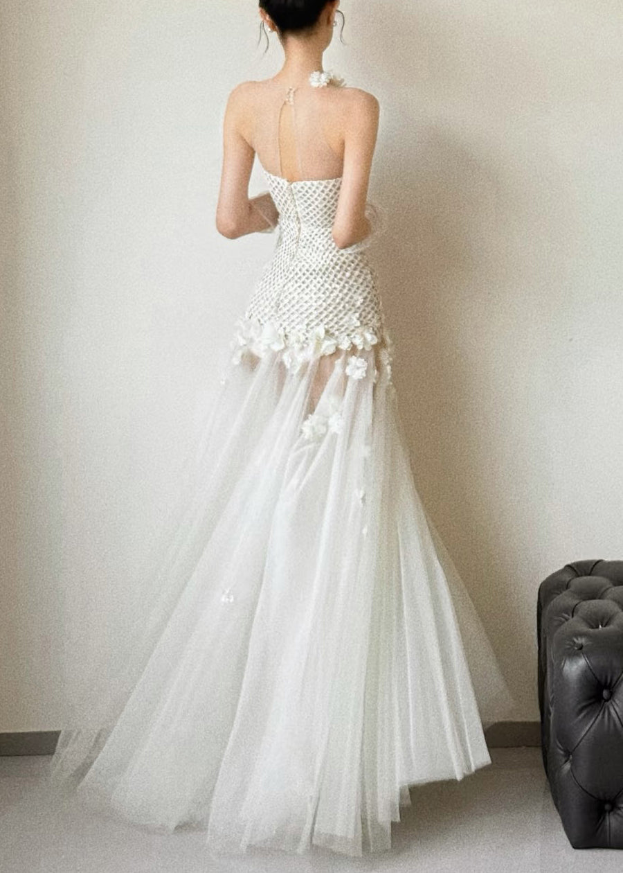 Hollow Sexy White Tulle Out Patchwork Sleeveless Dress Party