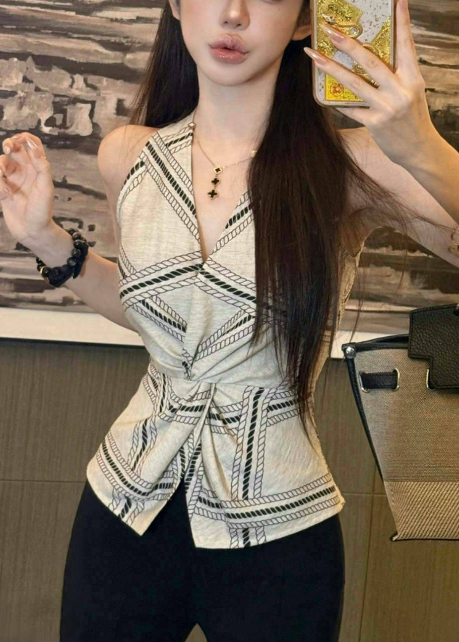 Side Print Fit Silm Vests Sexy Summer Halter White Open