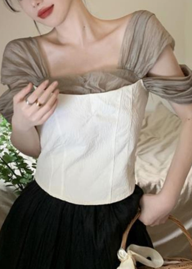Sexy White Square Collar Tulle Patchwork Top Summer OP1045