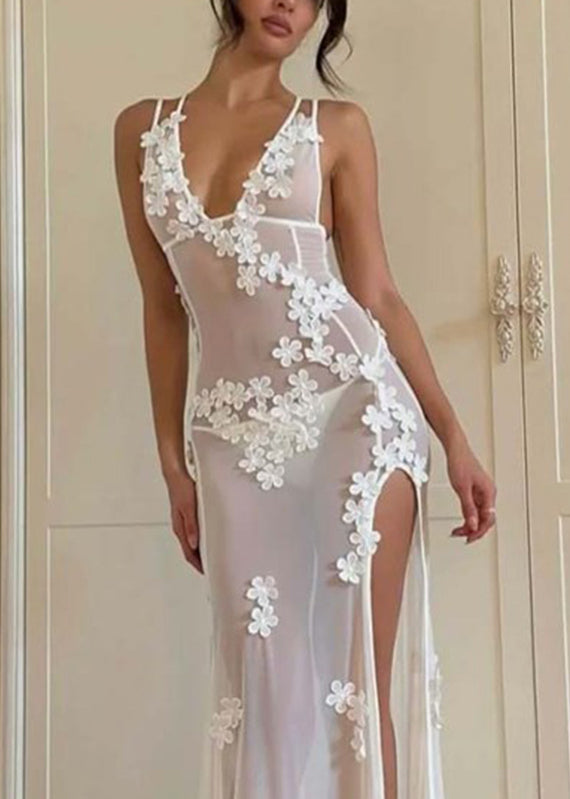 Strapless Long Swimwear Bikini Side Sexy White Open Flower