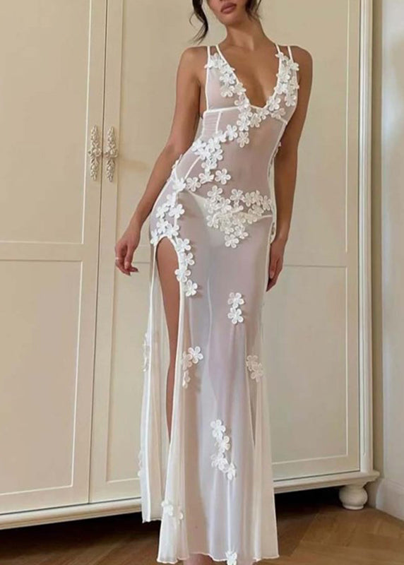 Strapless Long Swimwear Bikini Side Sexy White Open Flower