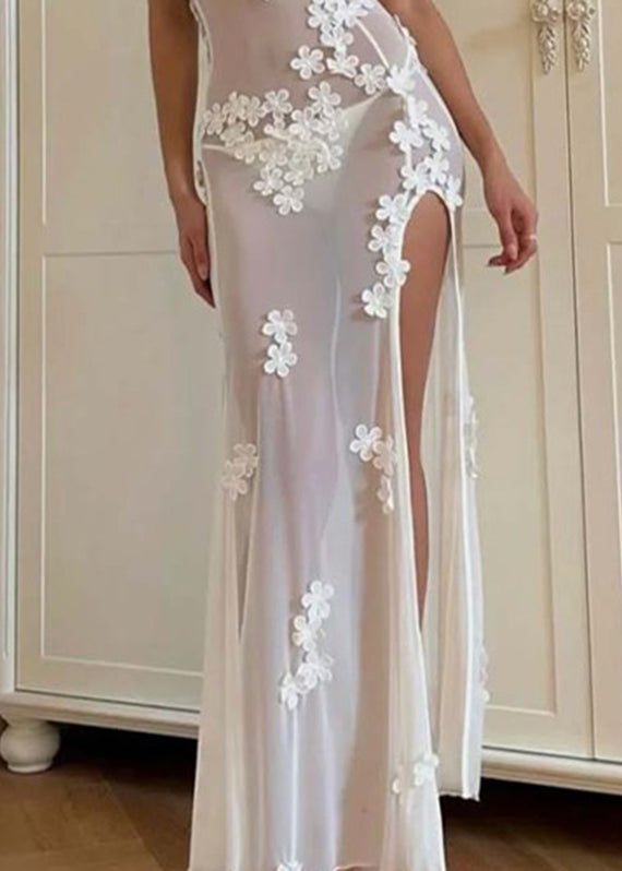 Strapless Long Swimwear Bikini Side Sexy White Open Flower