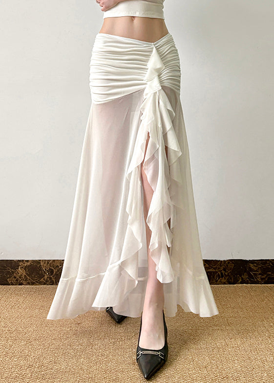 Side Summer Wrinkled Open White Sexy Skirt Tulle