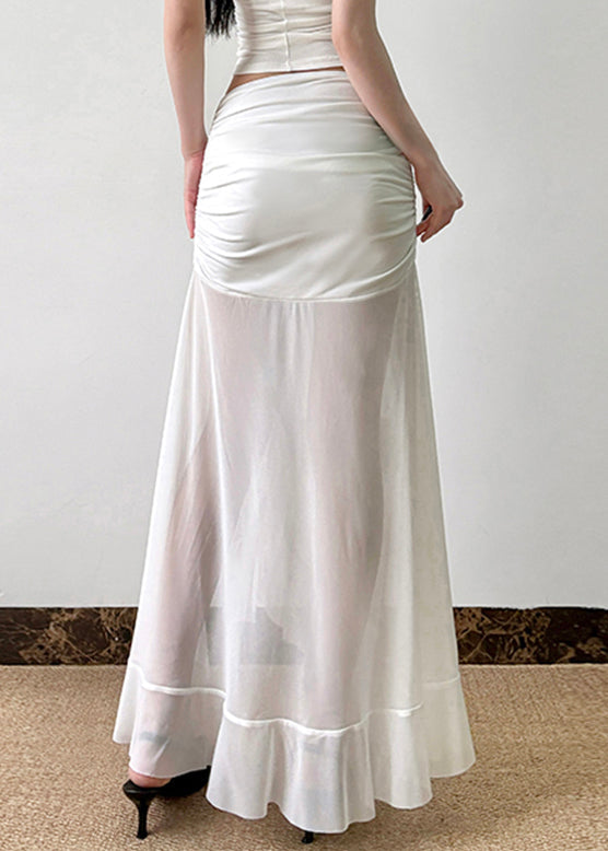 Side Summer Wrinkled Open White Sexy Skirt Tulle