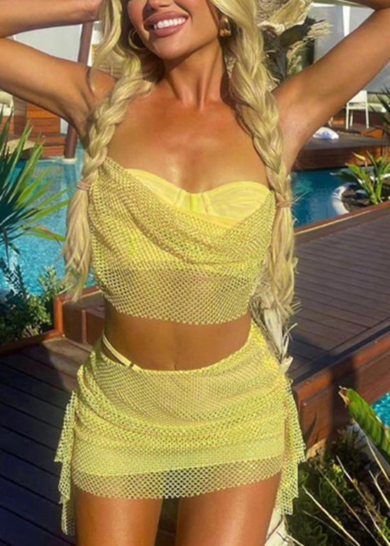 Backless Outfits Summer Set Yellow Cotton Two Sexy Piece