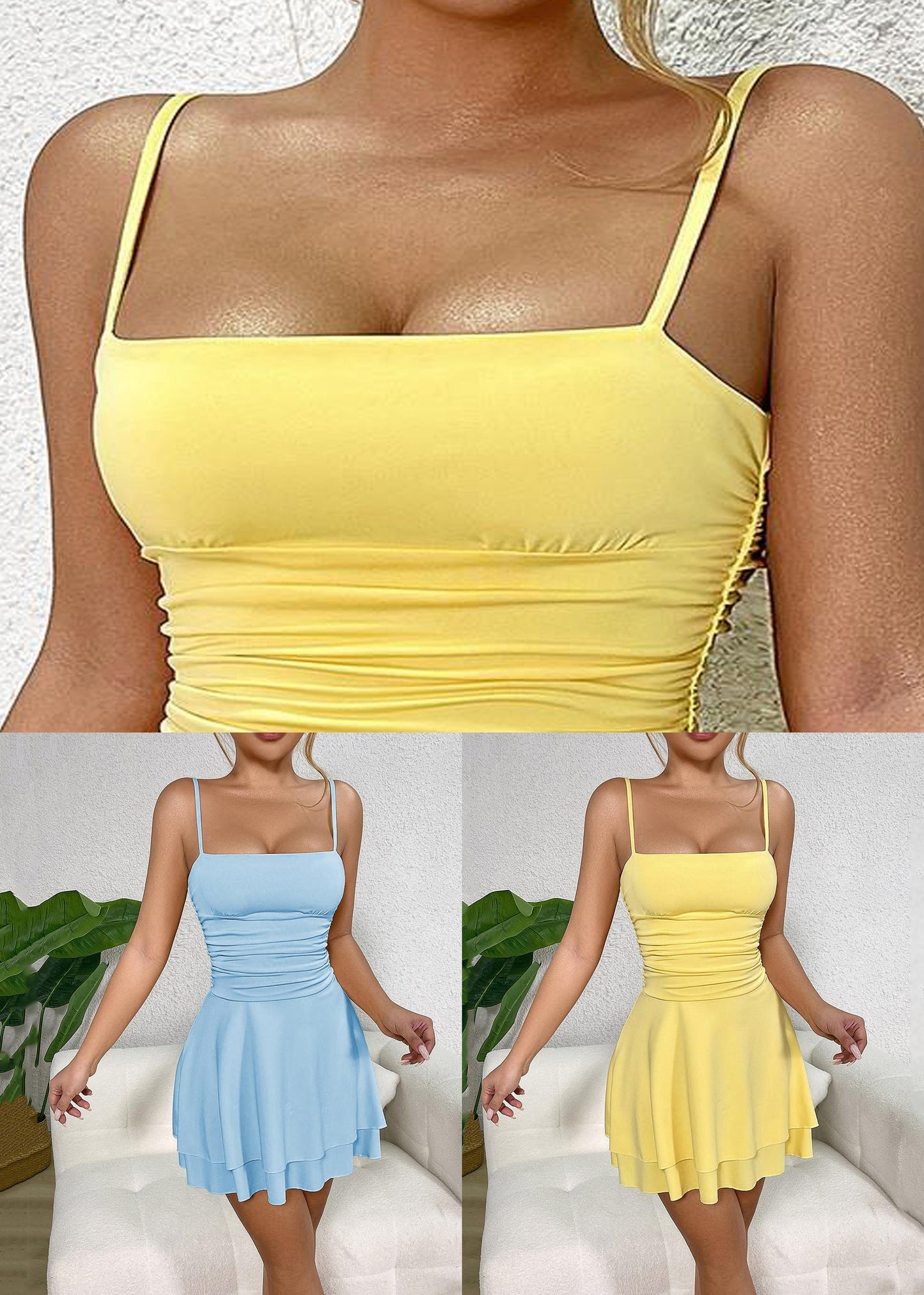Sexy Shoulder Yellow Cold Spaghetti Sleeveless Solid Strap Dress