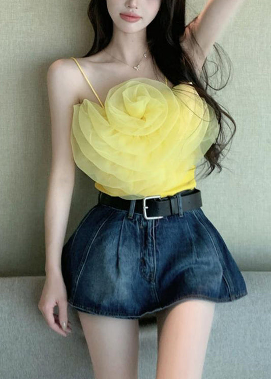 Sexy Yellow Solid Floral Chiffon Spaghetti Strap Tank Sleeveless EE1059