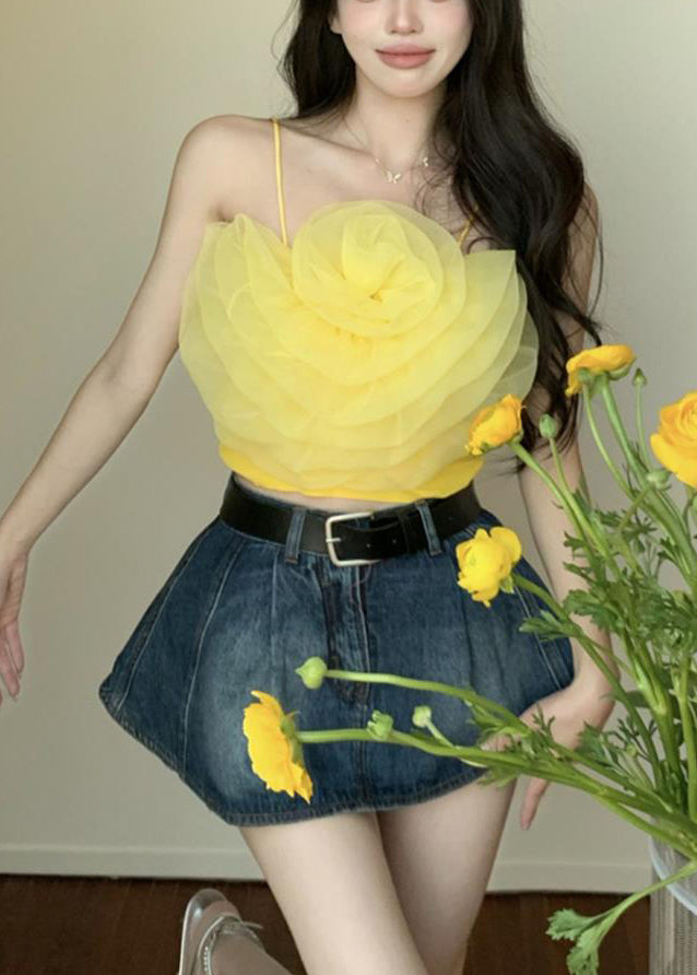 Sexy Yellow Solid Floral Chiffon Spaghetti Strap Tank Sleeveless EE1059