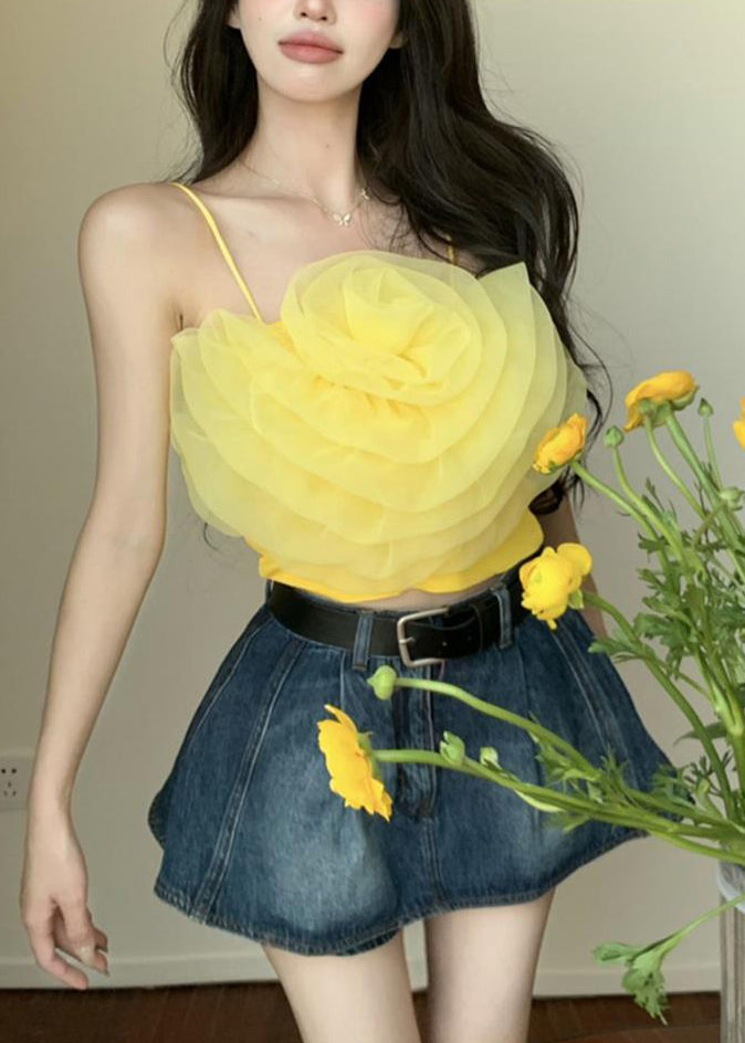 Sexy Yellow Solid Floral Chiffon Spaghetti Strap Tank Sleeveless EE1059