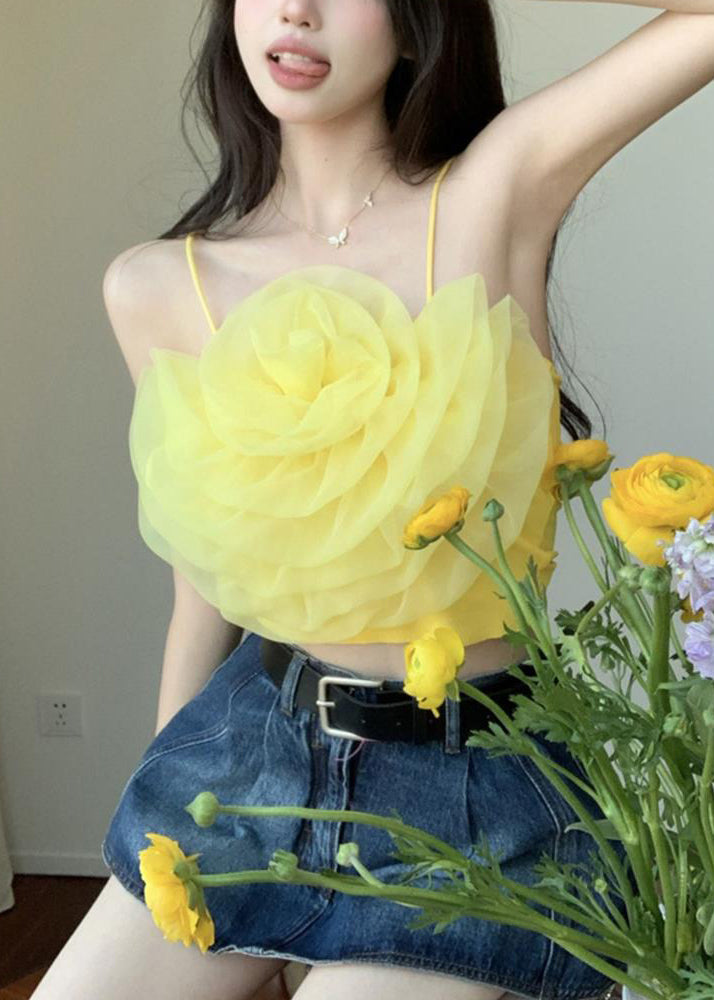 Sexy Yellow Solid Floral Chiffon Spaghetti Strap Tank Sleeveless EE1059