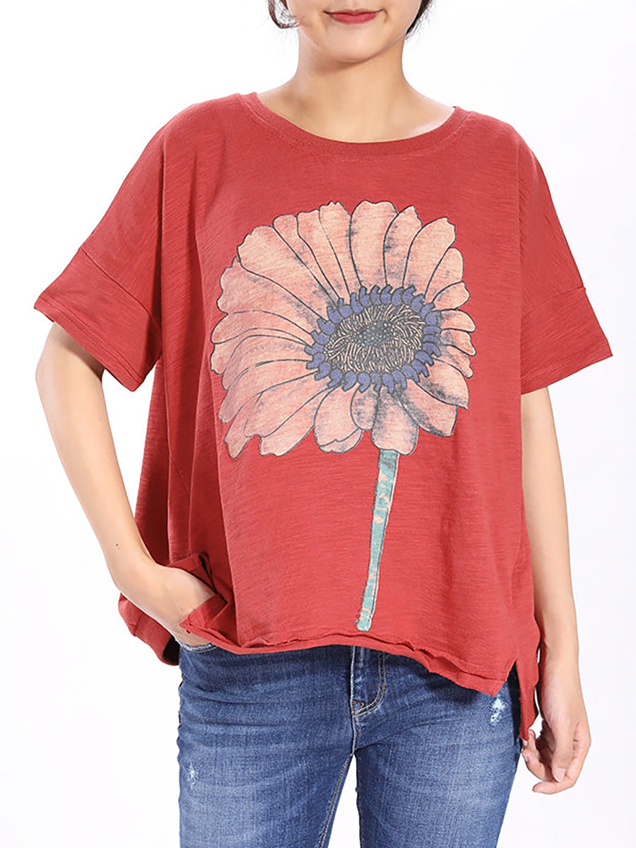 Kurzärmliges T-Shirt mit Sonnenblumen-Aufdruck in Übergröße QW1052