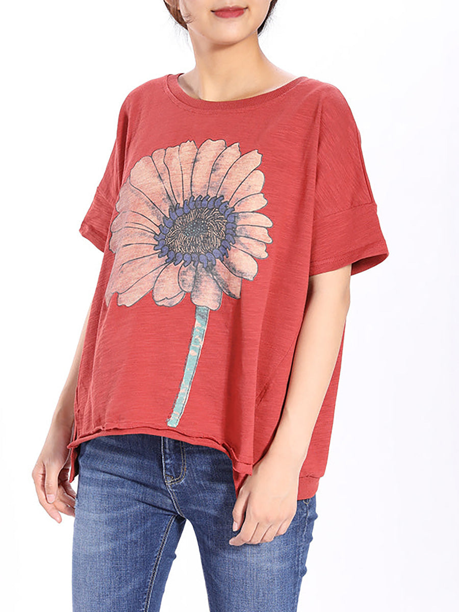 Kurzärmliges T-Shirt mit Sonnenblumen-Aufdruck in Übergröße QW1052