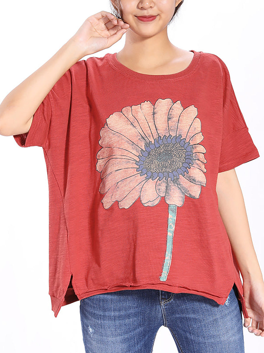 Kurzärmliges T-Shirt mit Sonnenblumen-Aufdruck in Übergröße QW1052