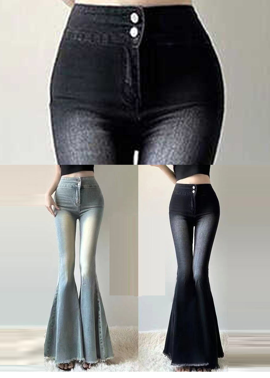 Silm Fit Black High Waist Denim Flared Trousers Spring YP030