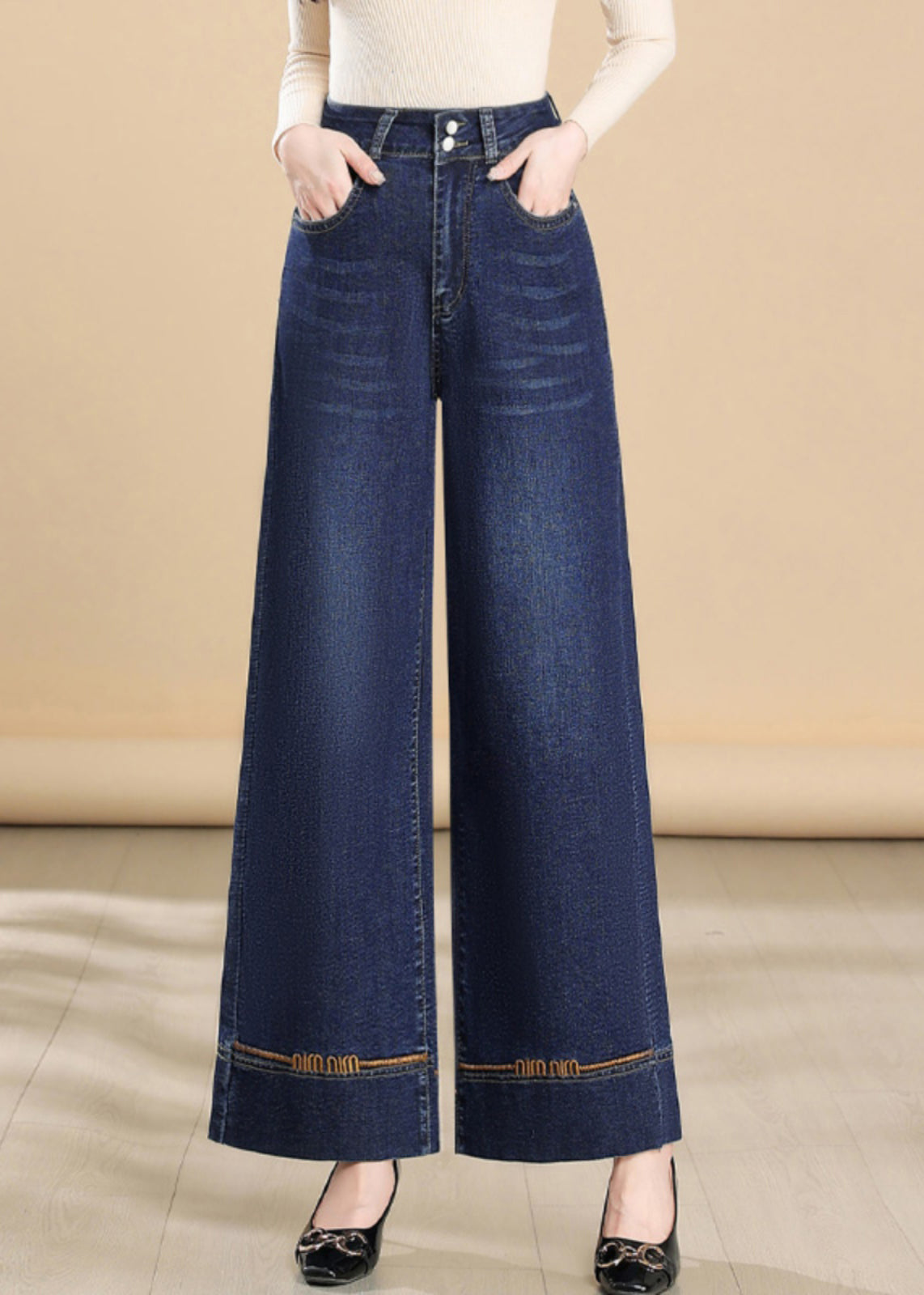 Embroidered Leg Pants Denim Fit Silm Wide Summer Navy