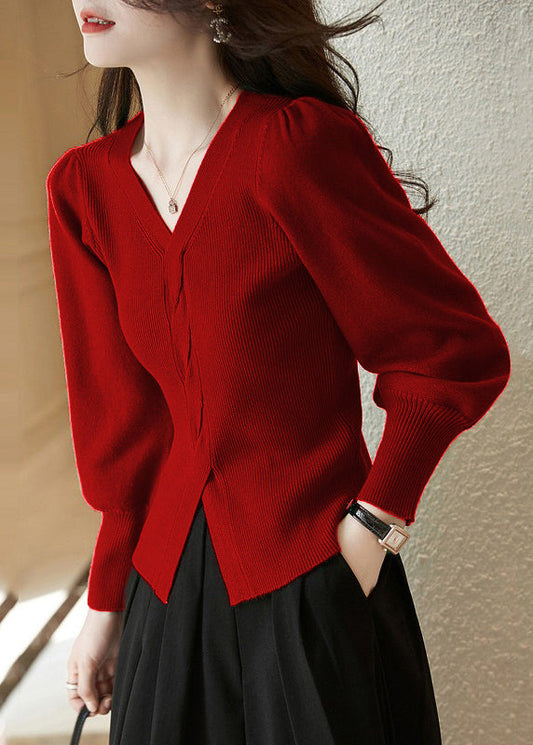 Silm Fit Red V Neck Side Open Knit Shirt Spring TN015