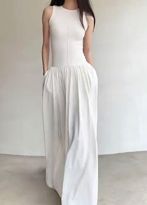 Cotton Sleeveless Exra Fit White Long Dress Silm Large Hem