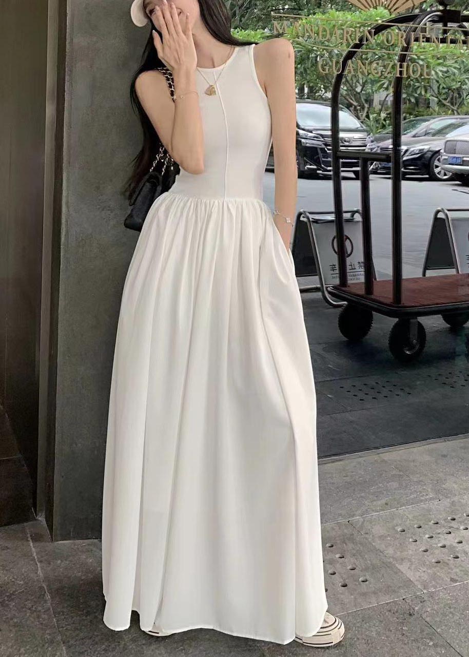 Cotton Sleeveless Exra Fit White Long Dress Silm Large Hem