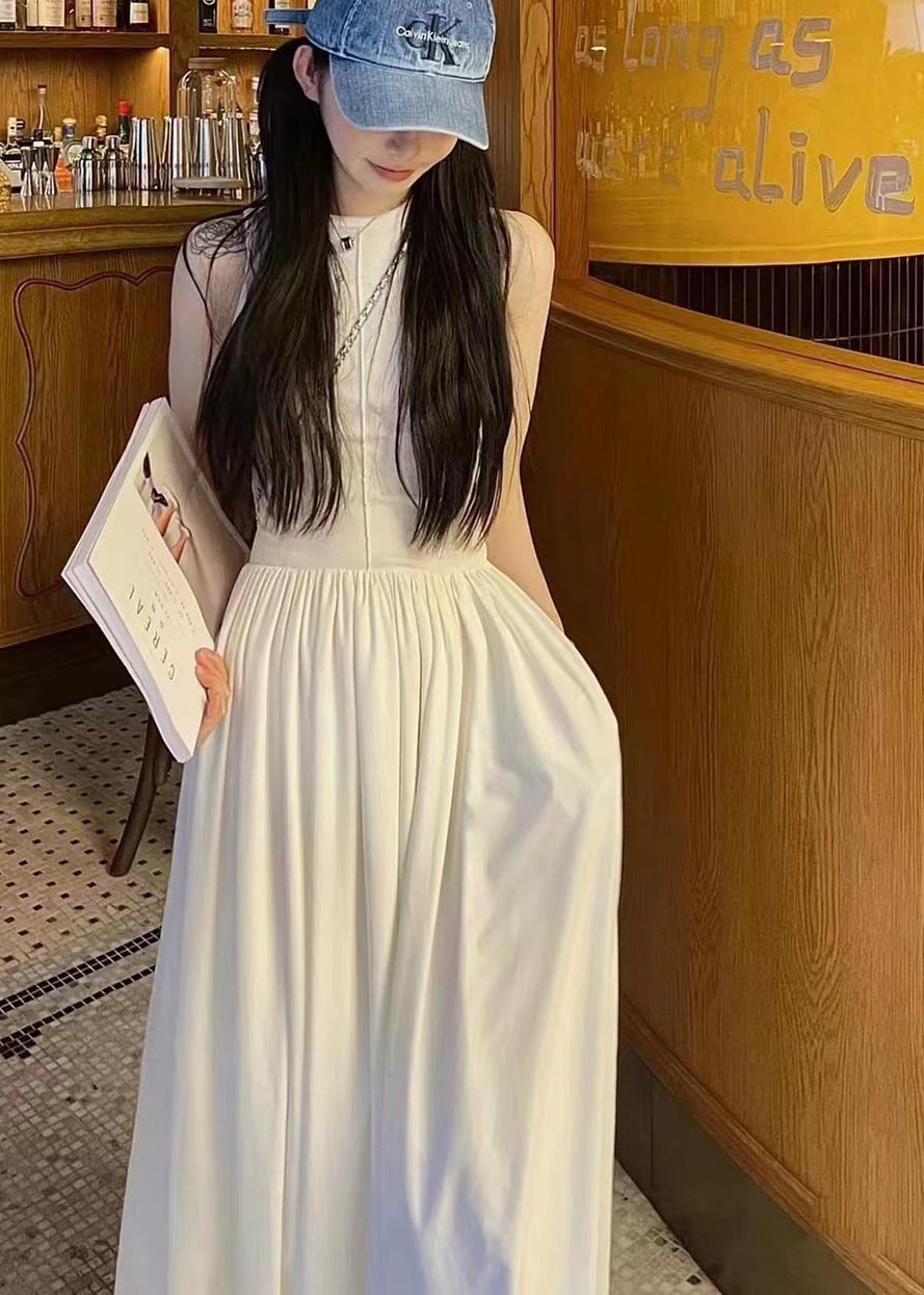 Cotton Sleeveless Exra Fit White Long Dress Silm Large Hem