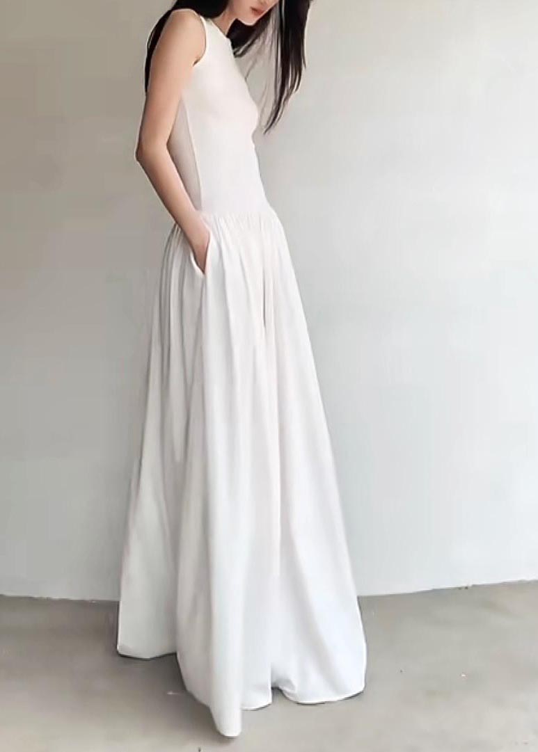 Cotton Sleeveless Exra Fit White Long Dress Silm Large Hem