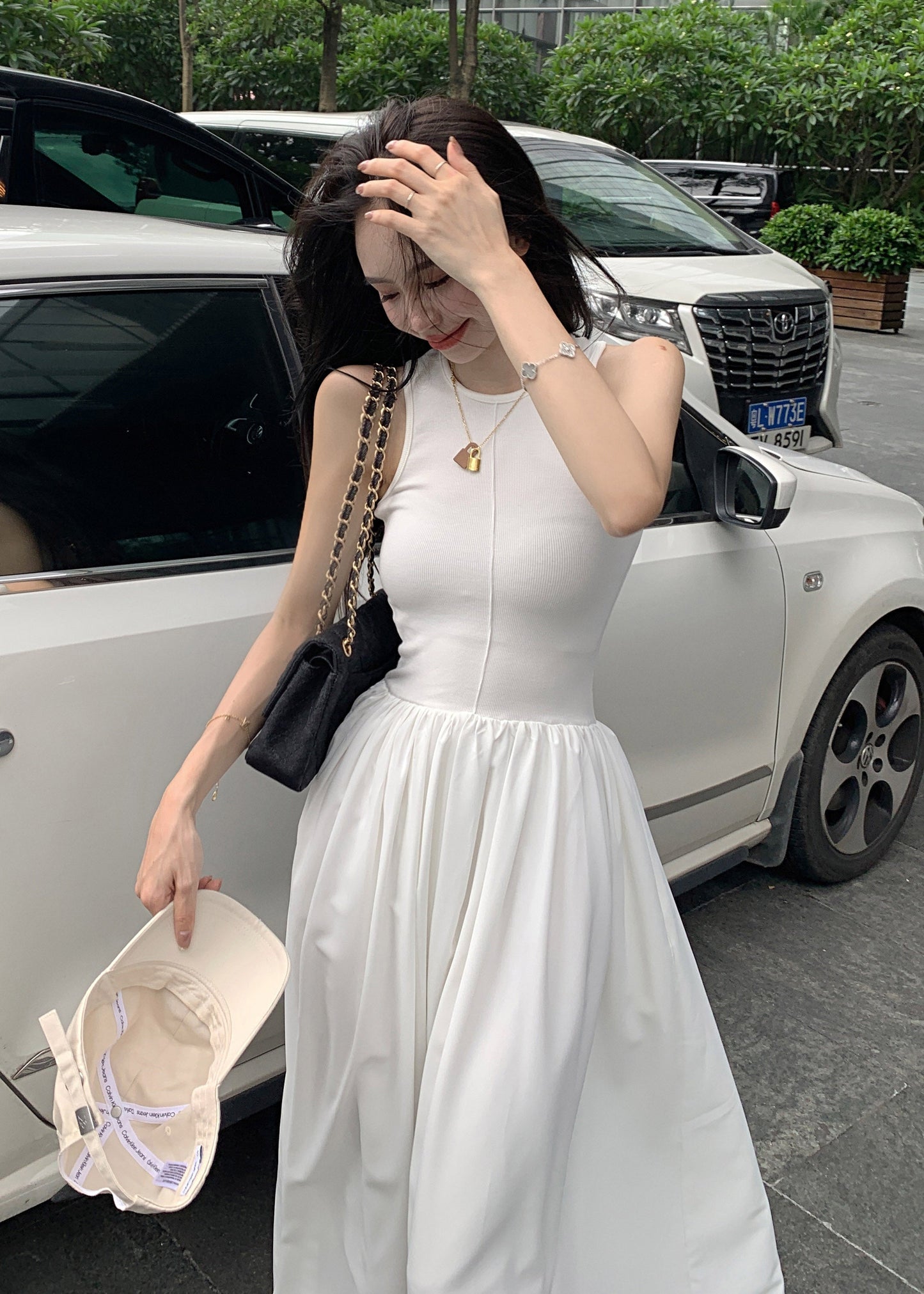 Silm Fit White Patchwork Cotton Holiday Dress Sleeveless TZ006