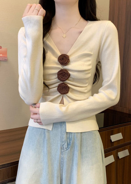 Silm Fit White V Neck Floral Knit Sweater Spring TM030