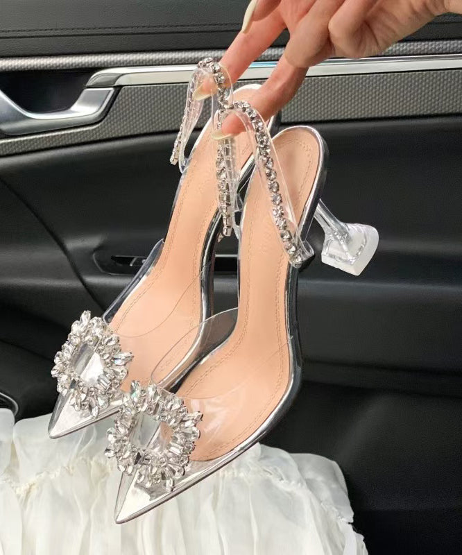 Silver Splicing Pointed Heel Toe Unique Clear Sandals Zircon High
