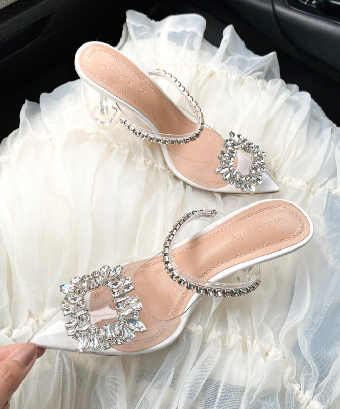 Silver Splicing Pointed Heel Toe Unique Clear Sandals Zircon High