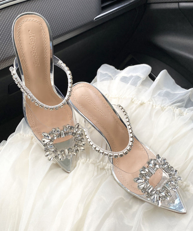 Silver Splicing Pointed Heel Toe Unique Clear Sandals Zircon High