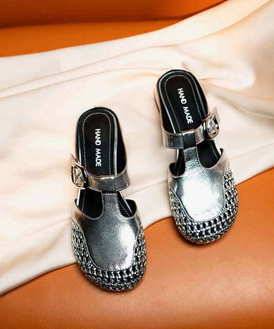 Cowhide Out Splicing Silver Hollow Fashion Sandals Leather Slide