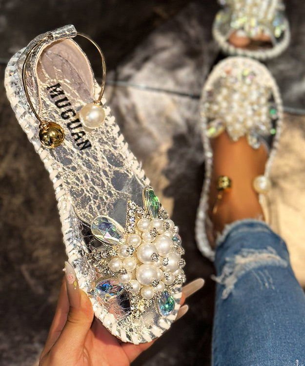 Faux Bead Stylish Hiking Splicing Nail Silver Leather Sandals