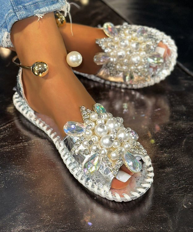 Faux Bead Stylish Hiking Splicing Nail Silver Leather Sandals