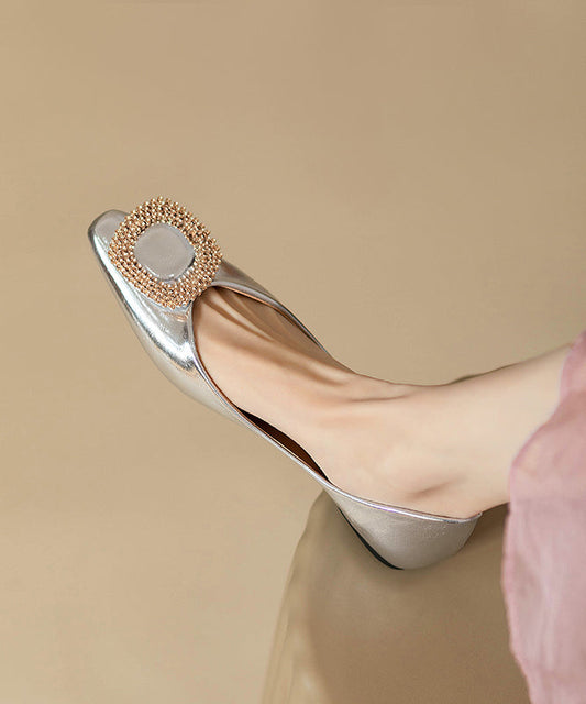 Fitted Flat Zircon Splicing Faux Silver Shoes Leather