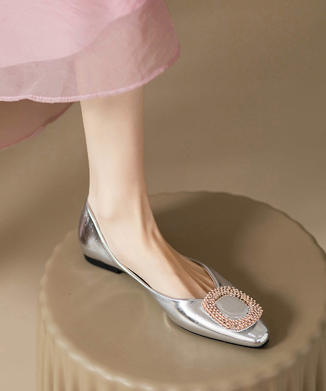 Fitted Flat Zircon Splicing Faux Silver Shoes Leather