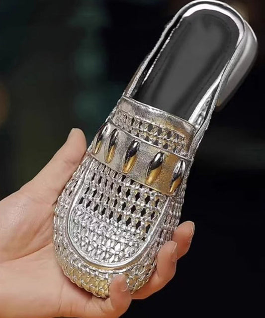 Out Faux Hollow Slide Sandals Leather Splicing Silver