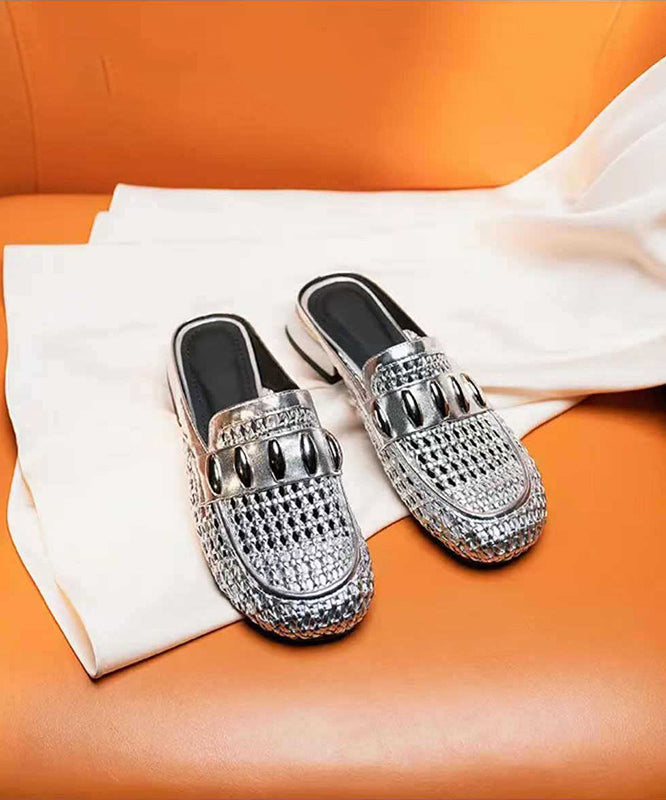 Out Faux Hollow Slide Sandals Leather Splicing Silver