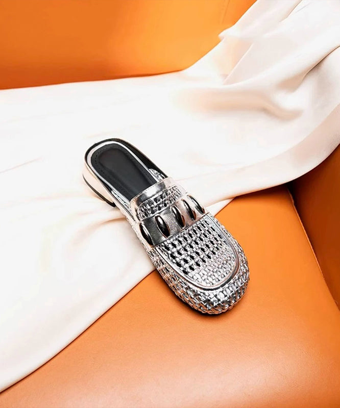 Out Faux Hollow Slide Sandals Leather Splicing Silver