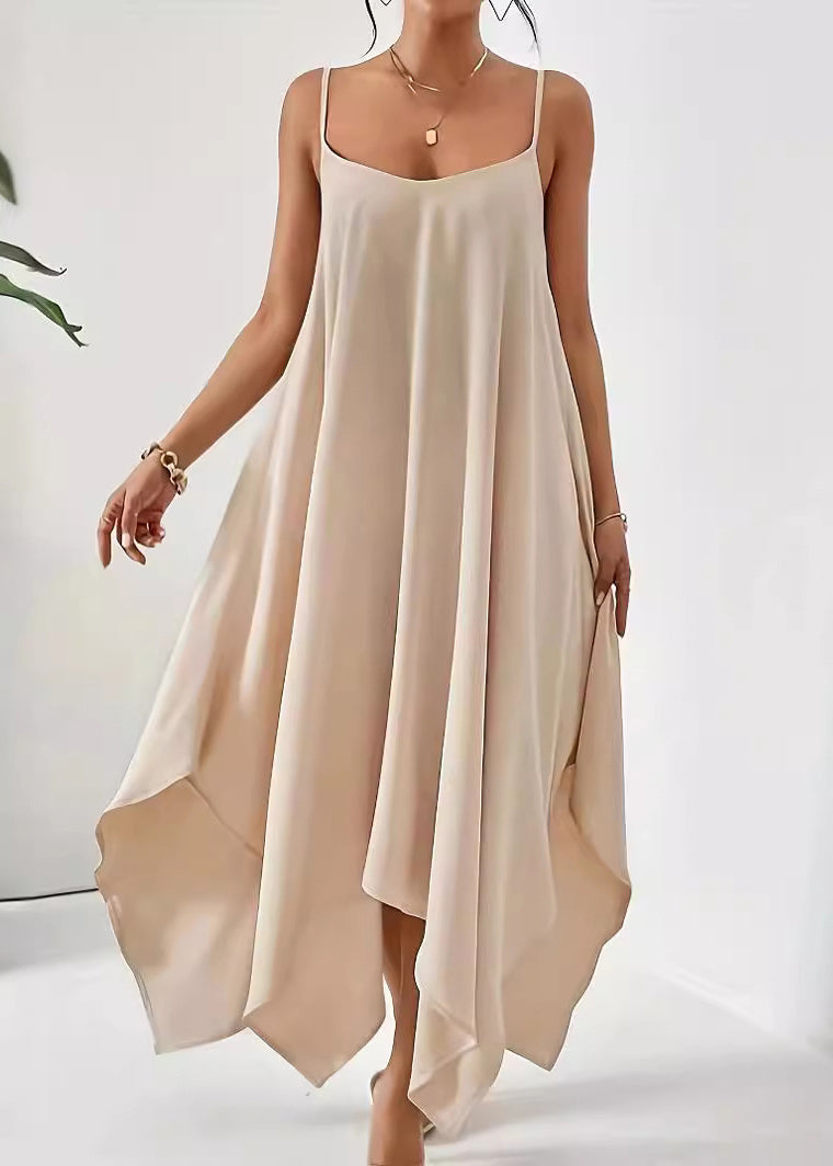 Spaghetti Apricot Simple Solid Dress Asymmetrical Strap Cotton