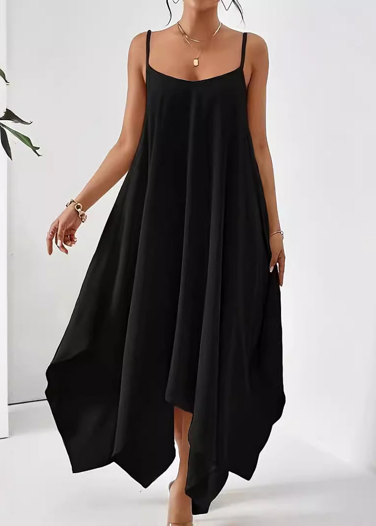 Spaghetti Apricot Simple Solid Dress Asymmetrical Strap Cotton