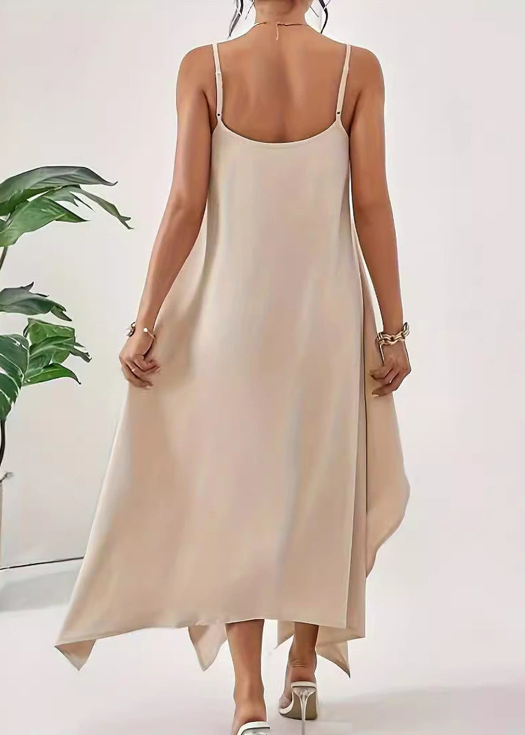 Apricot Strap Dress Simple Spaghetti Cotton Solid Asymmetrical