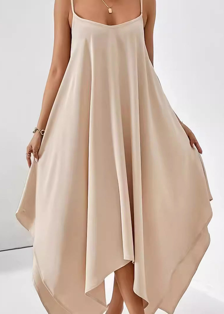 Apricot Strap Dress Simple Spaghetti Cotton Solid Asymmetrical