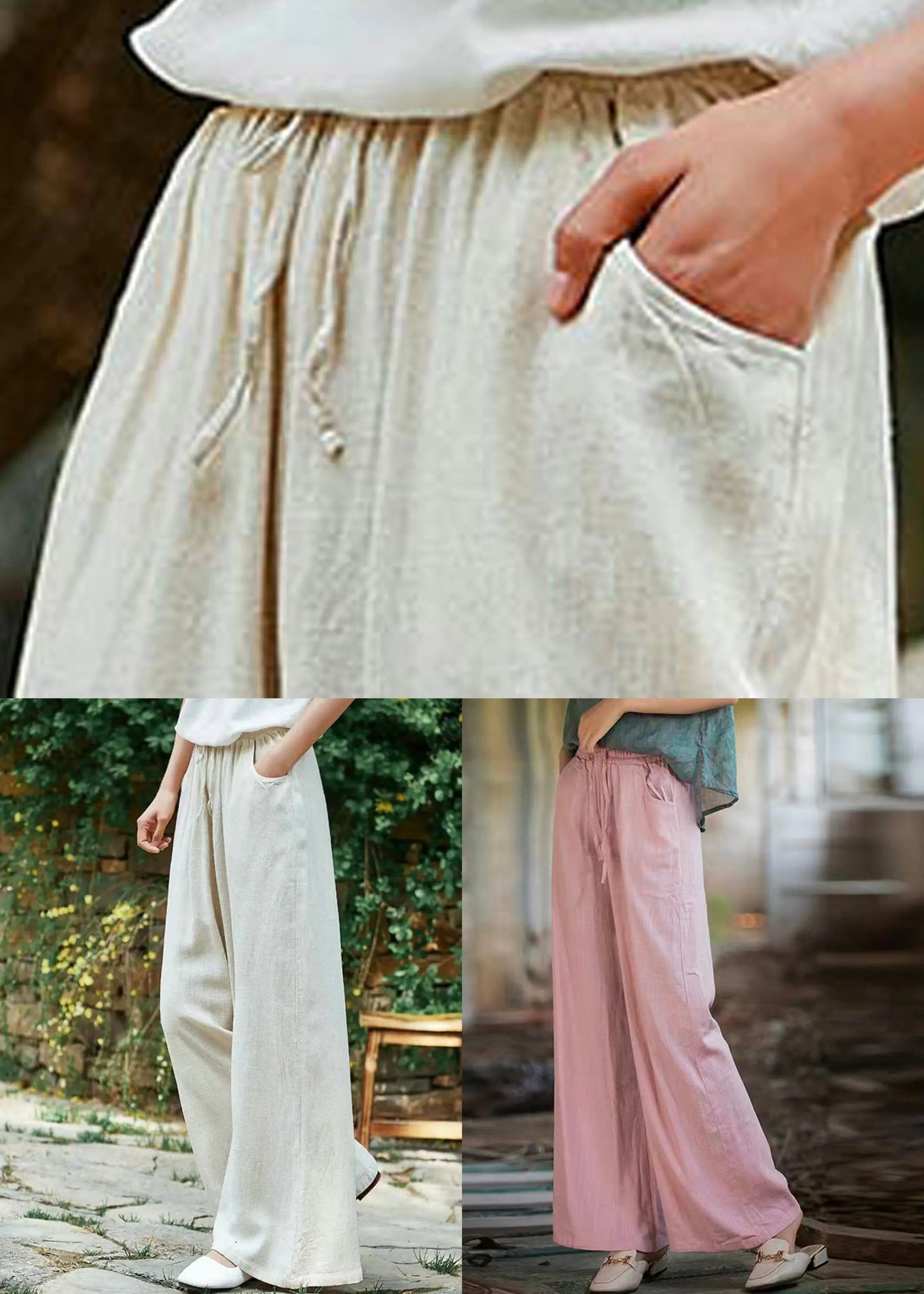 Simple Apricot Lace Up Pockets Linen Pants Summer Ada Fashion