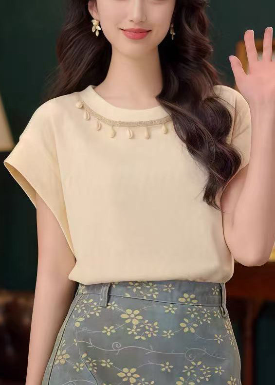 Neck Apricot Shirts T Cotton Simple O Solid Summer