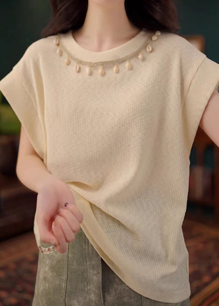 Neck Apricot Shirts T Cotton Simple O Solid Summer