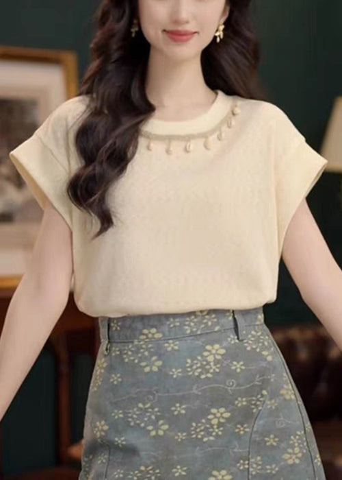 Neck Apricot Shirts T Cotton Simple O Solid Summer