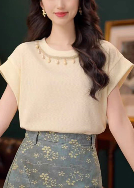 Neck Apricot Shirts T Cotton Simple O Solid Summer