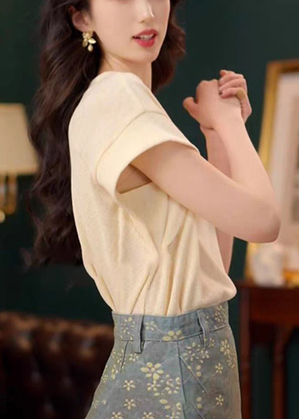 Neck Apricot Shirts T Cotton Simple O Solid Summer